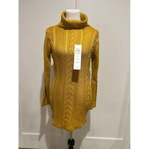 Mustard Yellow Cable Knit Turtleneck Sweater Dress Midi Length NWT